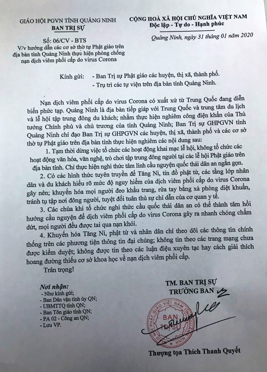 Ban Trị sự Phật giáo tỉnh Quảng Ninh ra công văn hướng dẫn các cơ sở thờ tự Phật giáo trên địa bàn tỉnh thực hiện phòng chống nạn dịch viêm phổi cấp 